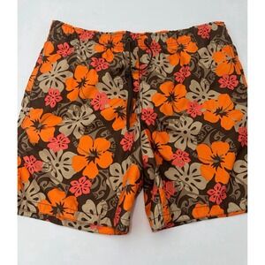 Merona Men's Swim Trunks Size L Brown Orange Floral Hawaiian Hibiscus Shorts 40"